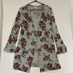 Skonhet Knit Cardigan, Long Length, Gray & Floral, Large